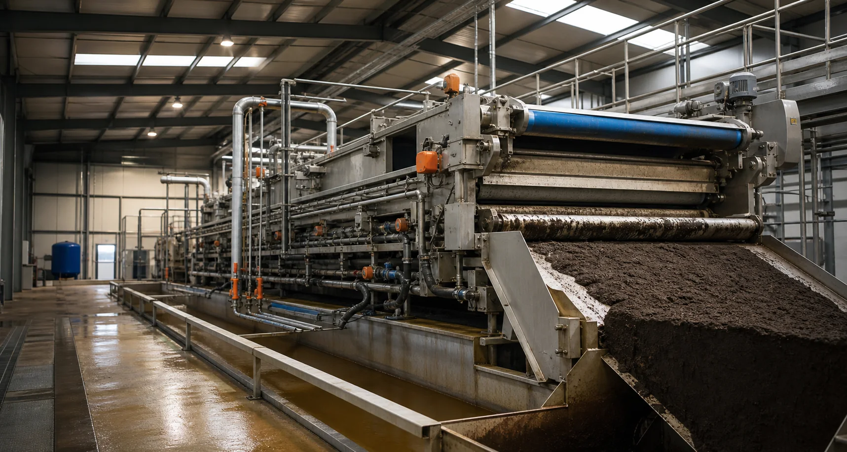 Belt filter press dewatering conditioned municipal sludge in a treatment hall