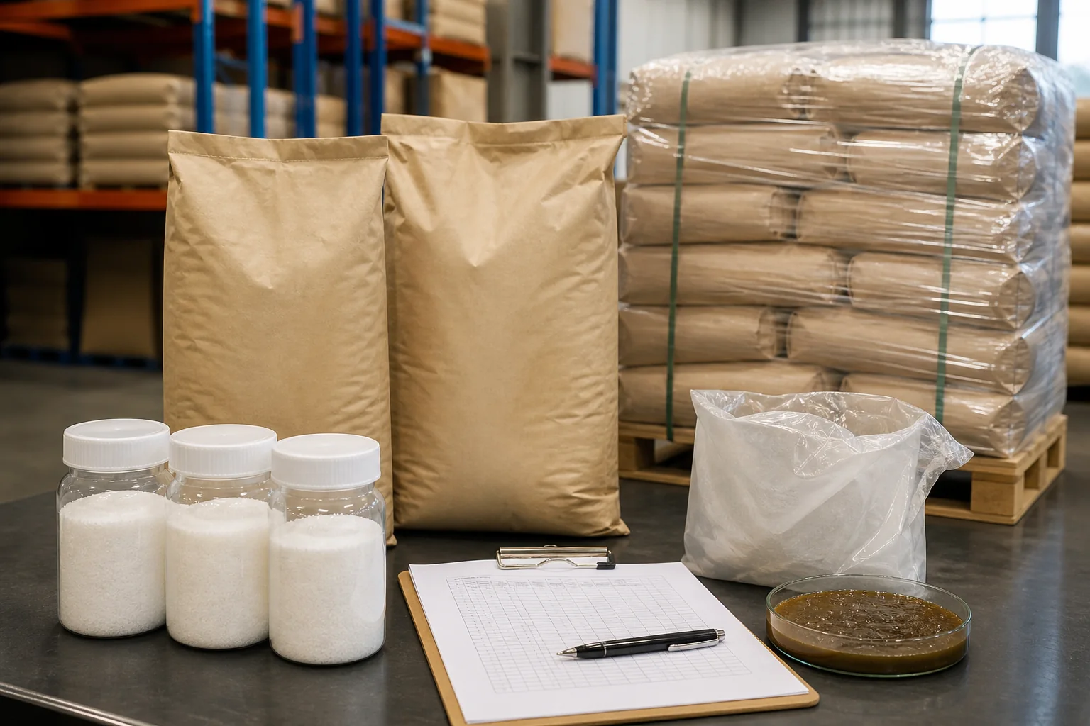 Polymer samples bags and export pallets prepared for traceable supply