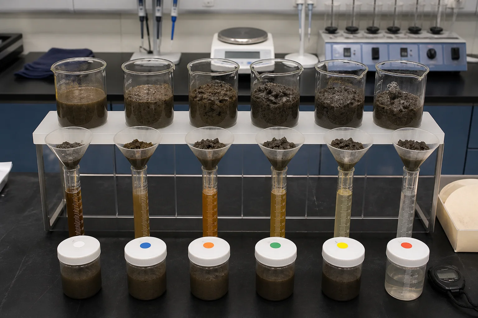 Bench screening of sludge dewatering polymer with drainage and filtrate comparisons