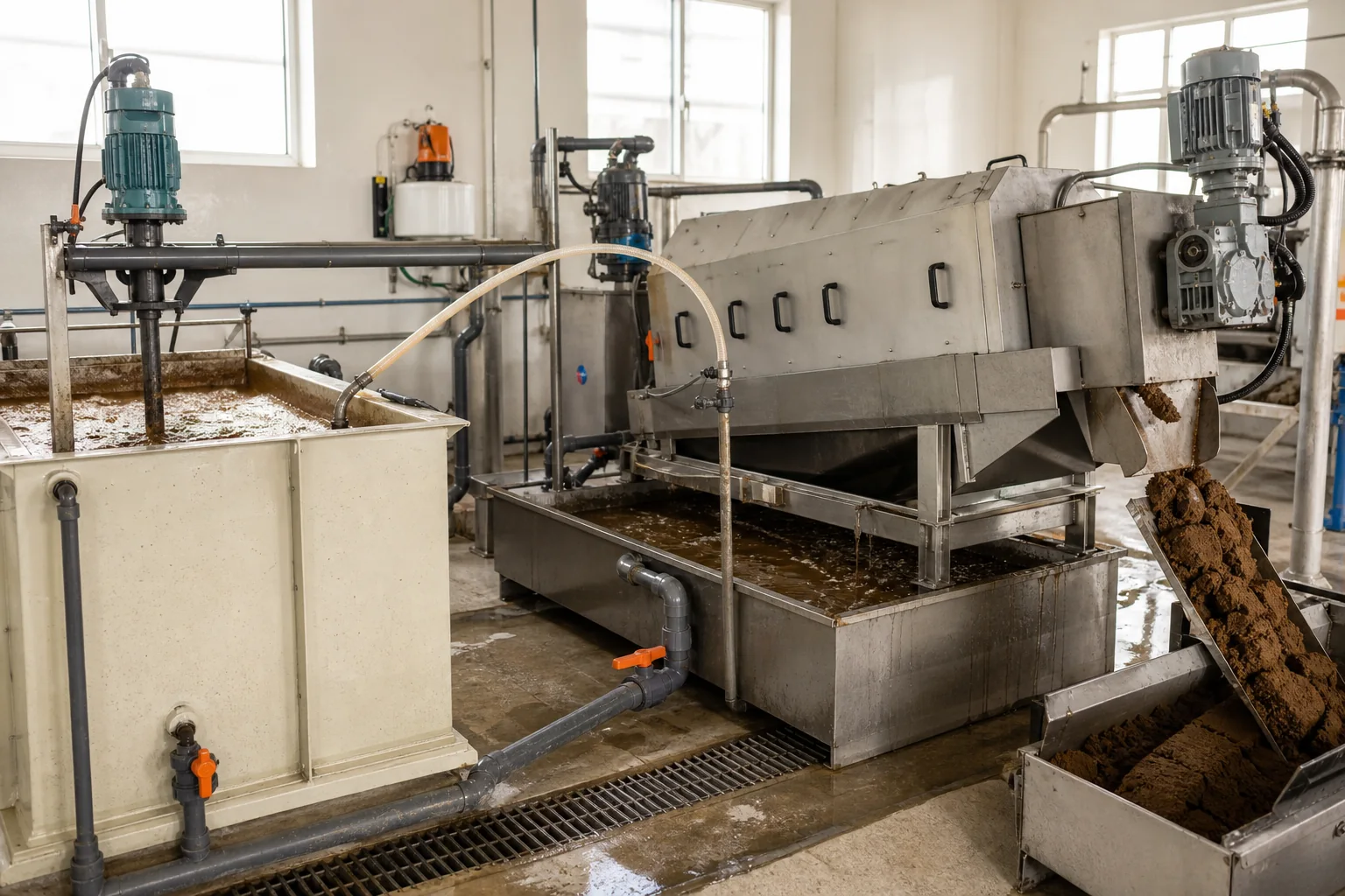 Multi-disc screw press dewatering sludge at a wastewater facility